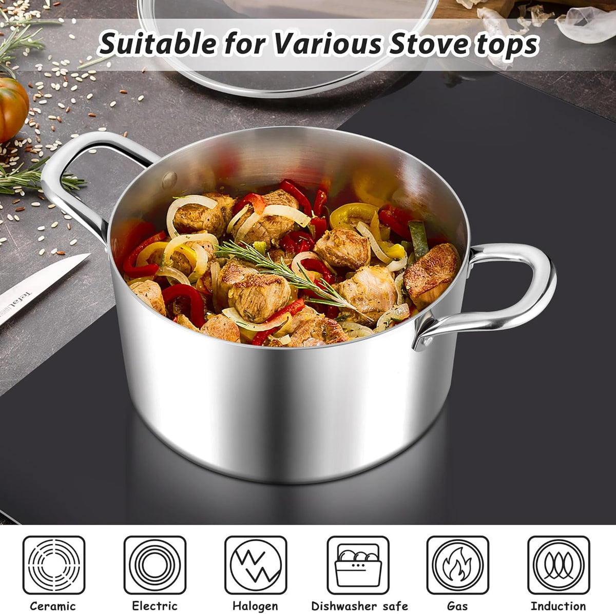 Coliware 8 QT Stainless Steel Stock Pot with Glass Lid, Cooking Soup Pot with 3-Ply Whole Clad for