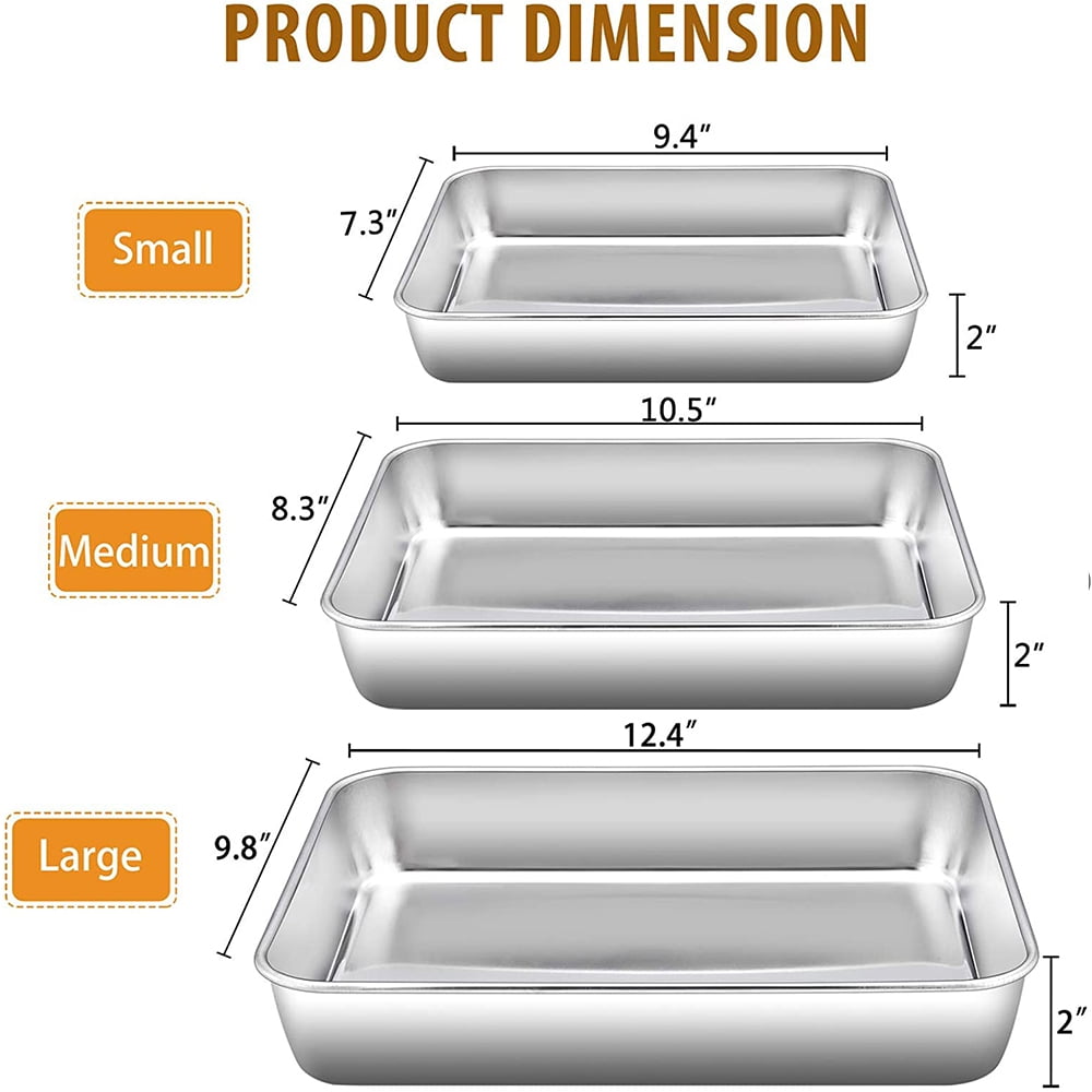 Baking Pans Set of 3, VeSteel Stainless Steel Sheet Cake Pan for Oven - 12.5/10.5/9.4Inch, Rectangle Bakeware Set for Cake Lasagna Brownie Casserole Cookie, Non-toxic & Healthy, Dishwasher Safe