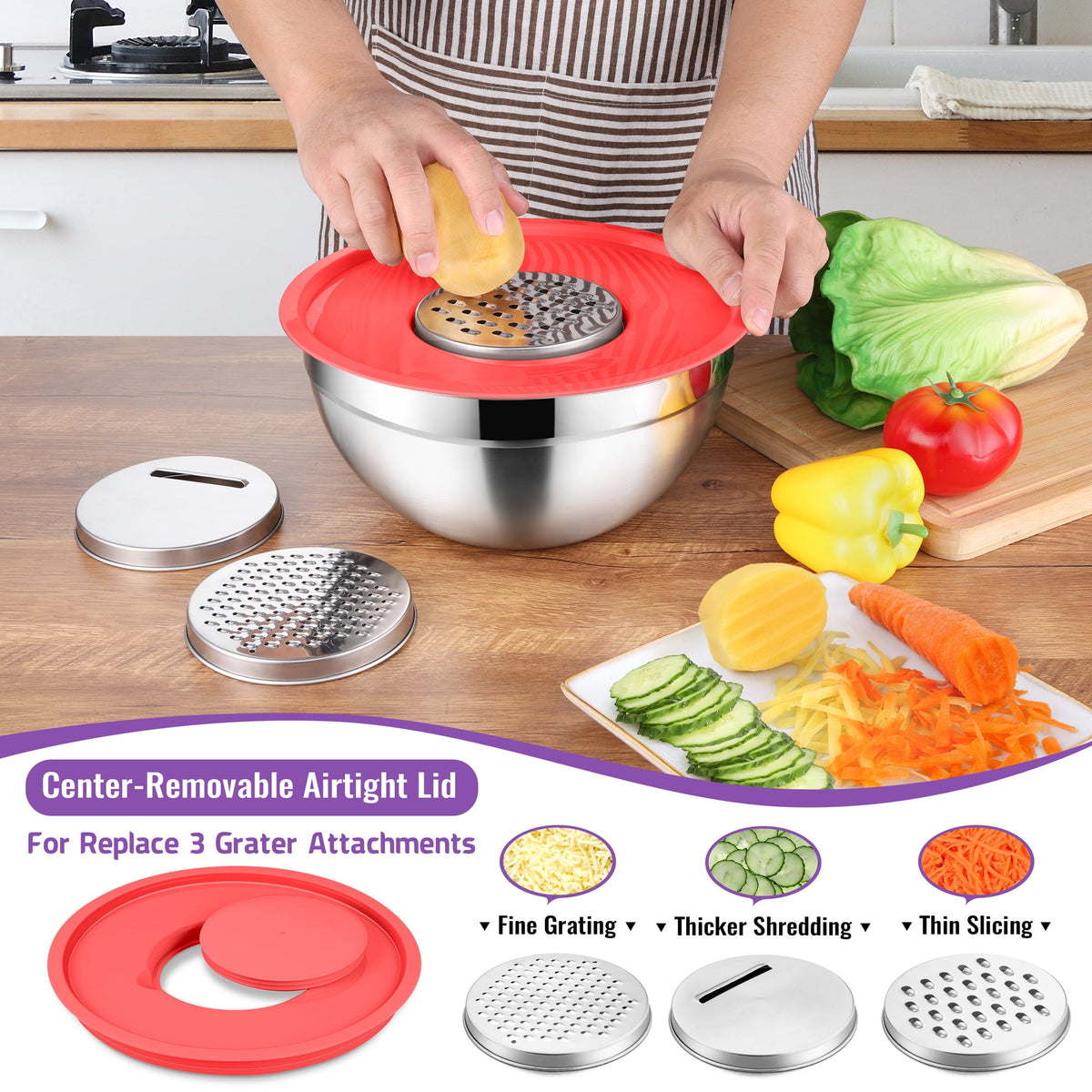 Mixing Bowls with Lids Set of 9, Vesteel Stainless Steel Mixing Bowls Metal Nesting Salad Bowls Attach with 3 Graters for Kitchen Grating/ Shredding, Size 4.6, 2.6, 2, 1.5, 1, 0.7 QT - Multi-Color