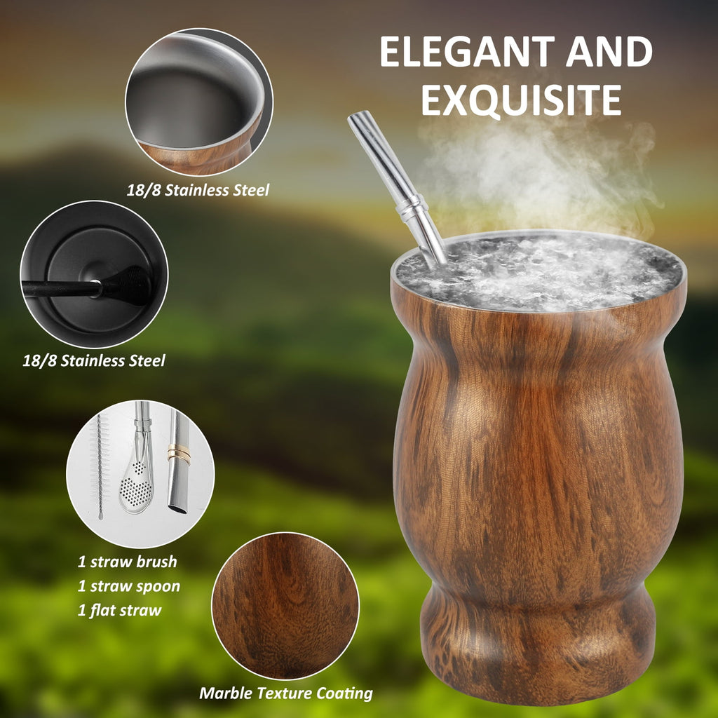 Jetcloudlive 8oz Yerba Mate Cup Stainless Steel Mate Tea Cup Set with Straw Brush Straw Spoon Flat Straw and Lid Insulated Yerba Mate Teacup Coffee Water Mate Cup Yerba Mate Gourd Cup