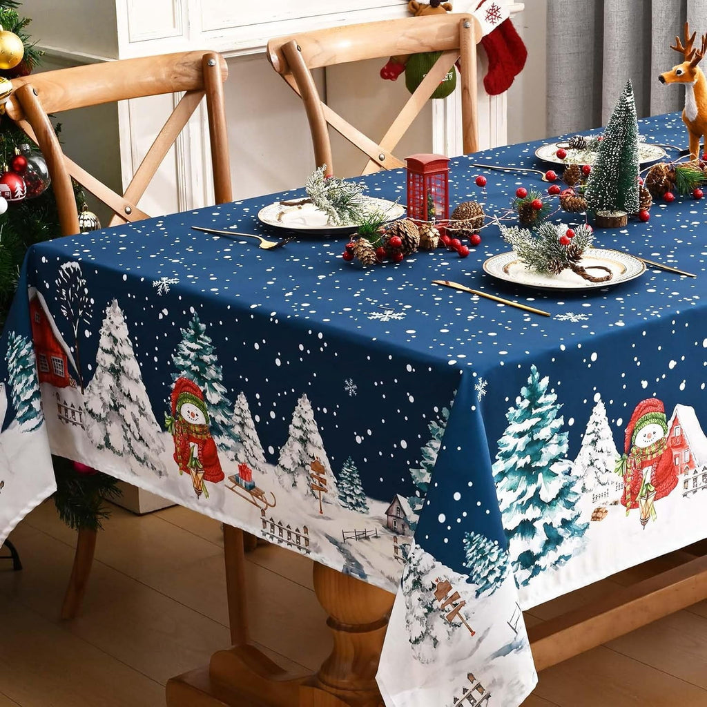 Yastouay Christmas Tablecloth Snowman Table cloth Blue Rectangle Table Cover for Xmas Dinner Party, 60" x 84"
