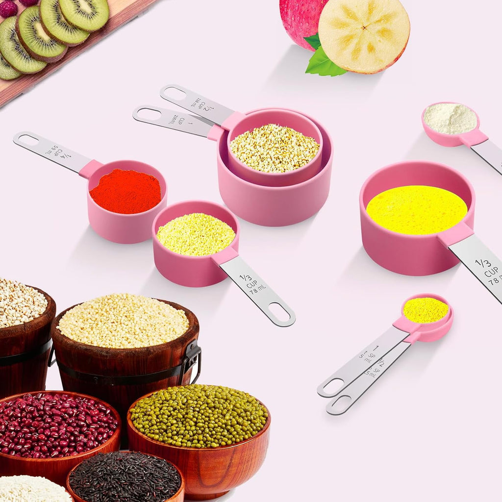 8Pcs Measuring Cups Set Measuring Spoons Set, Nesting Measure Cups with Stainless Steel Handle, For Measuring Dry and Liquid Ingredients Small Teaspoon with Plastic Head (Pink)
