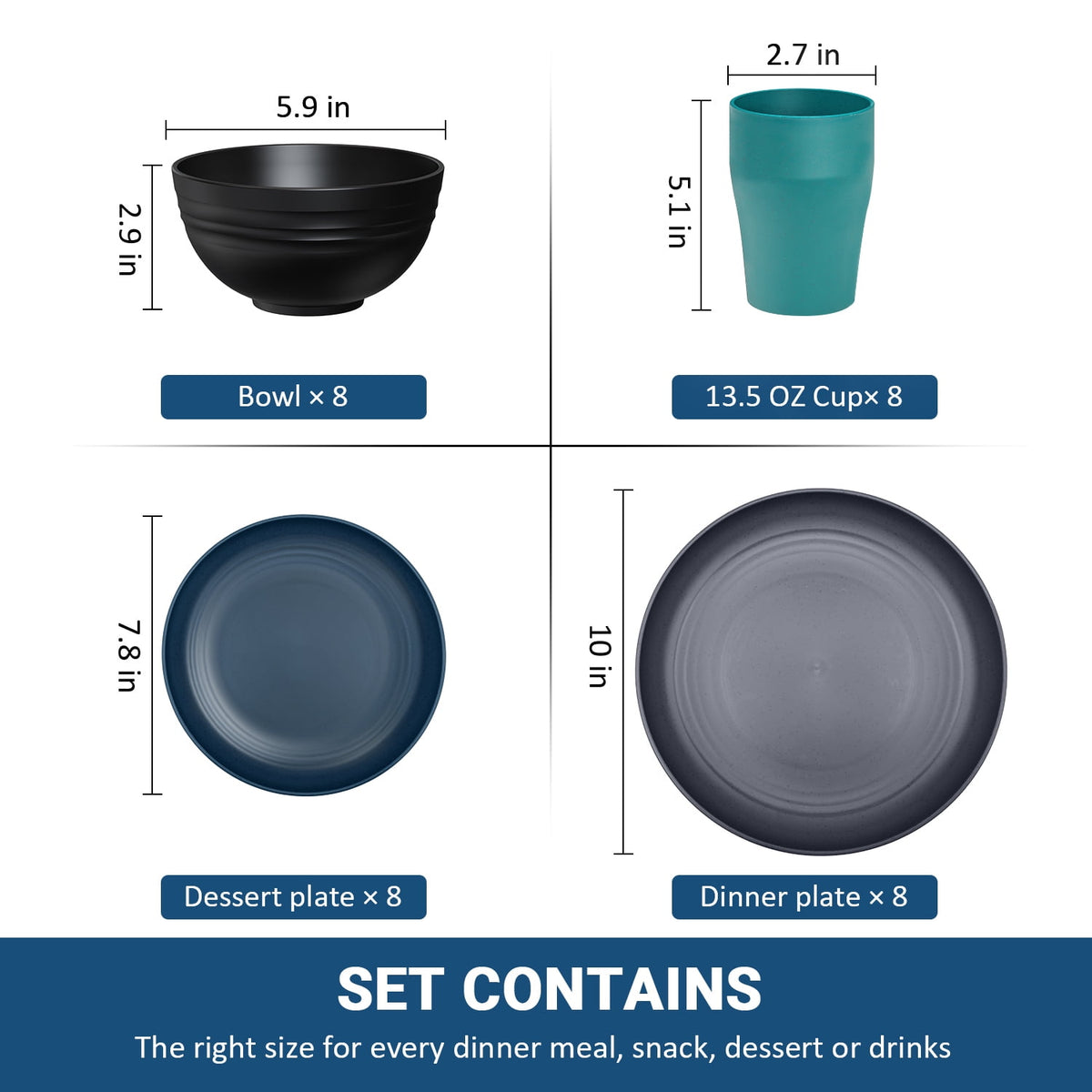 TINANA Wheat Straw Dinnerware Sets, Service for 8, 32 PCS Unbreakable Dinnerware,Microwave Dishwasher Safe - Black