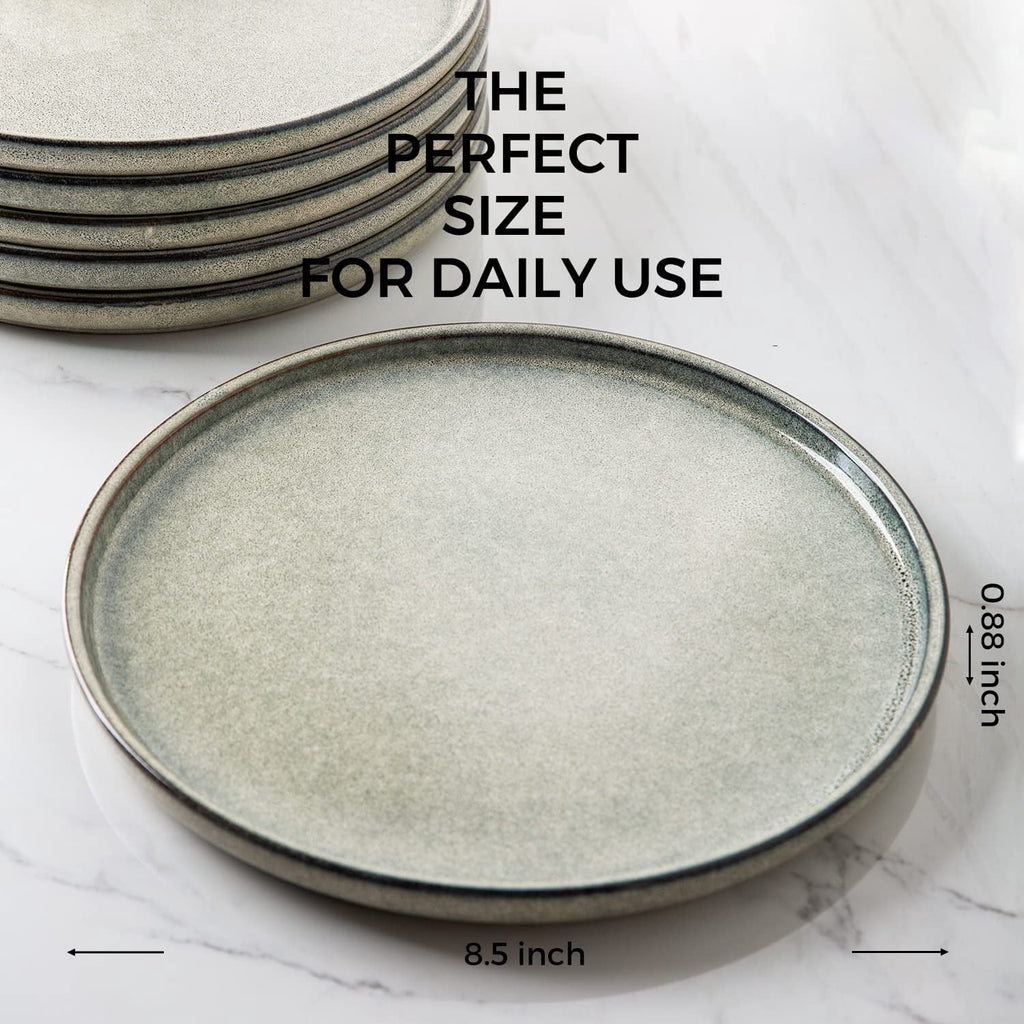 AmorArc Ceramic Plates Set of 6, 8.5 Inch Handmade Reactive Glaze Stoneware Plates set for Dessert, Salad, Appetizer, Dinner, Microwave & Dishwasher Safe, Scratch Resistant-Gade Green