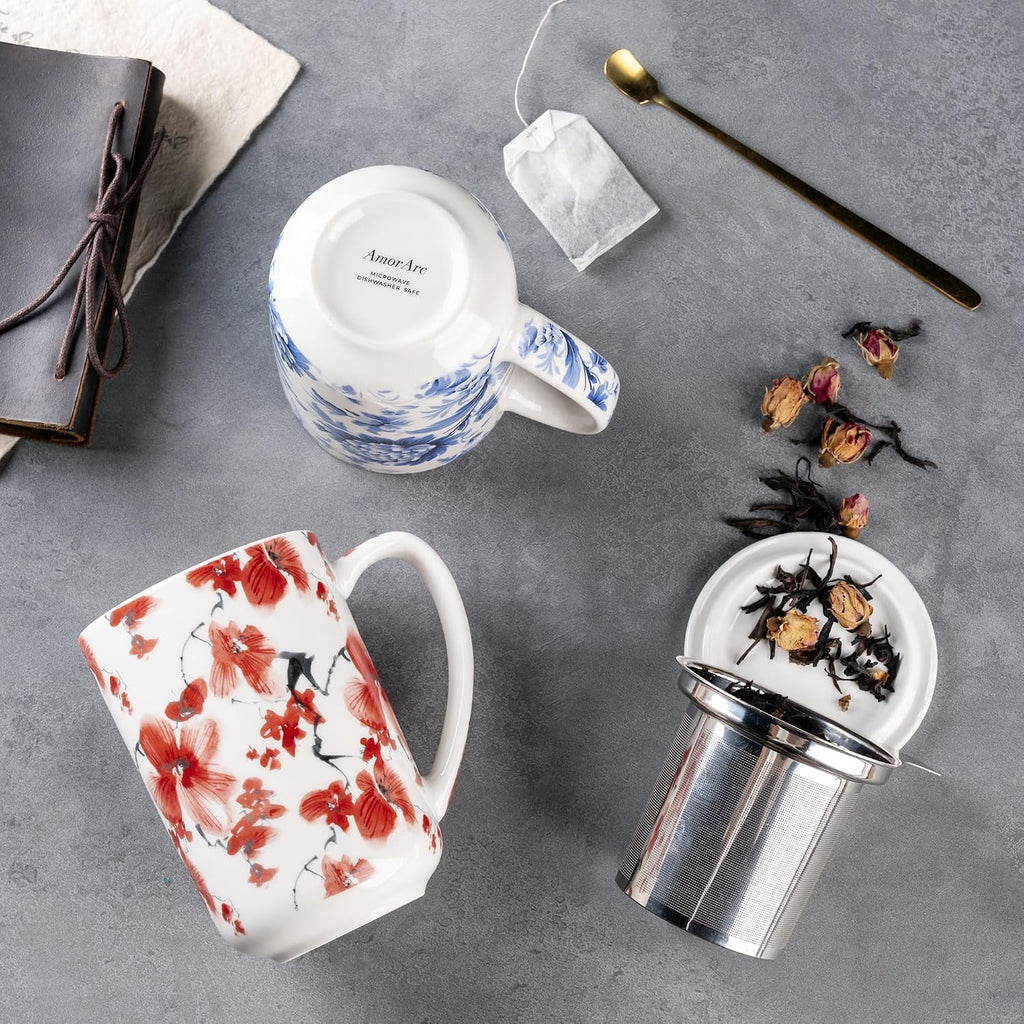 AmorArc Porcelain Tea Mug with Infuser and Lids, 18 Oz Cup Strainer Bag Holder for Loose Leaf Tea, Steeping Coffee Well-wrapped Box House-warming Wedding Birthday Gift, YelloRed