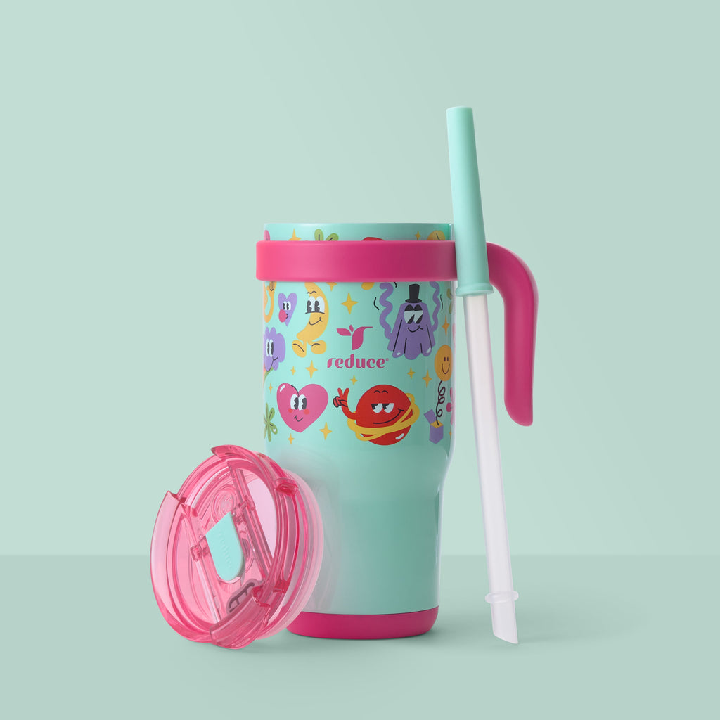 Reduce Coldee Kids Insulated Tumbler with Straw, 18oz Stainless Steel Spill-Proof Cup with Handle, Smiles