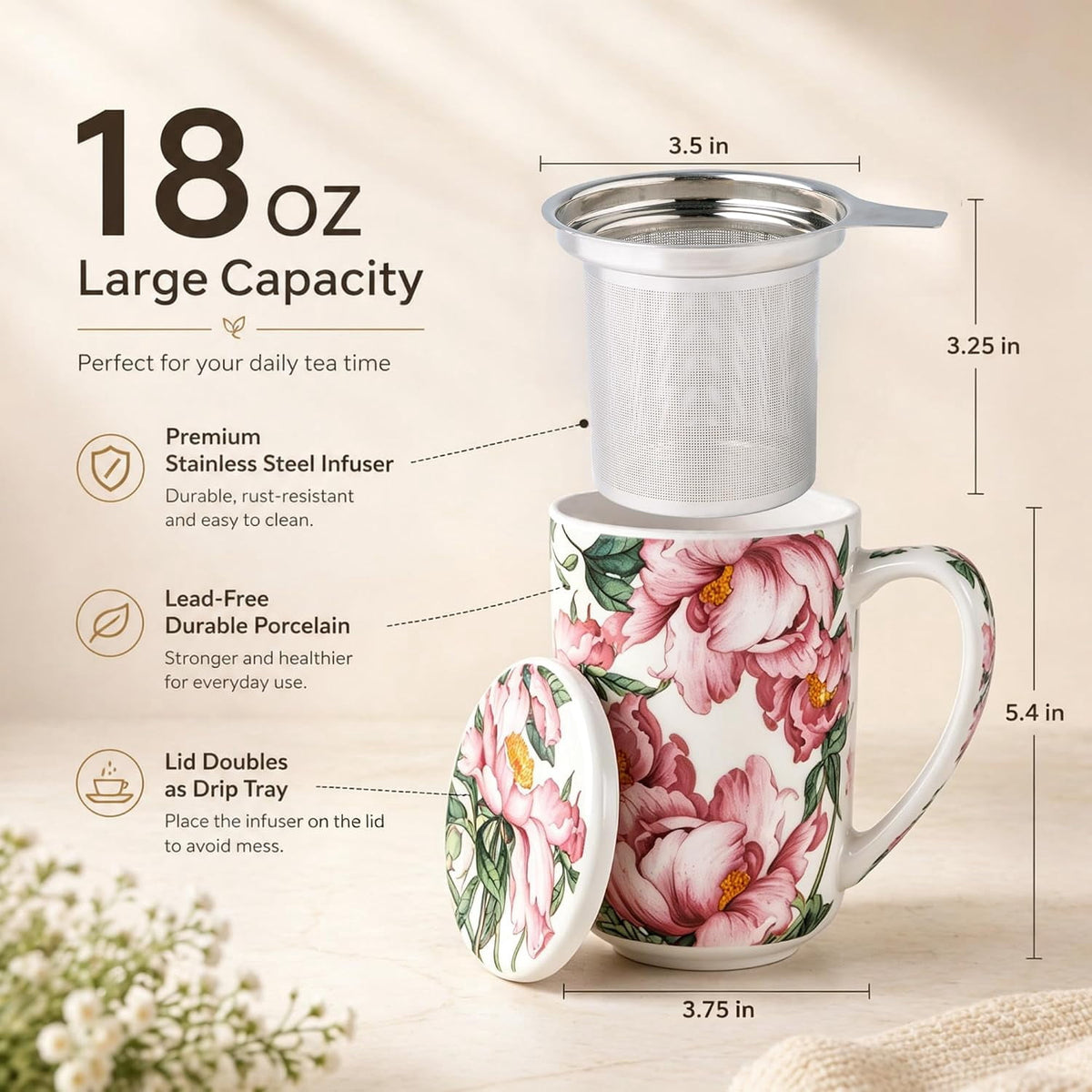 AmorArc Porcelain Tea Mug with Infuser and Lids, 18 Oz Cup Strainer Bag Holder for Loose Leaf Tea, Steeping Coffee Well-wrapped Box House-warming Wedding Birthday Gift, YelloRed