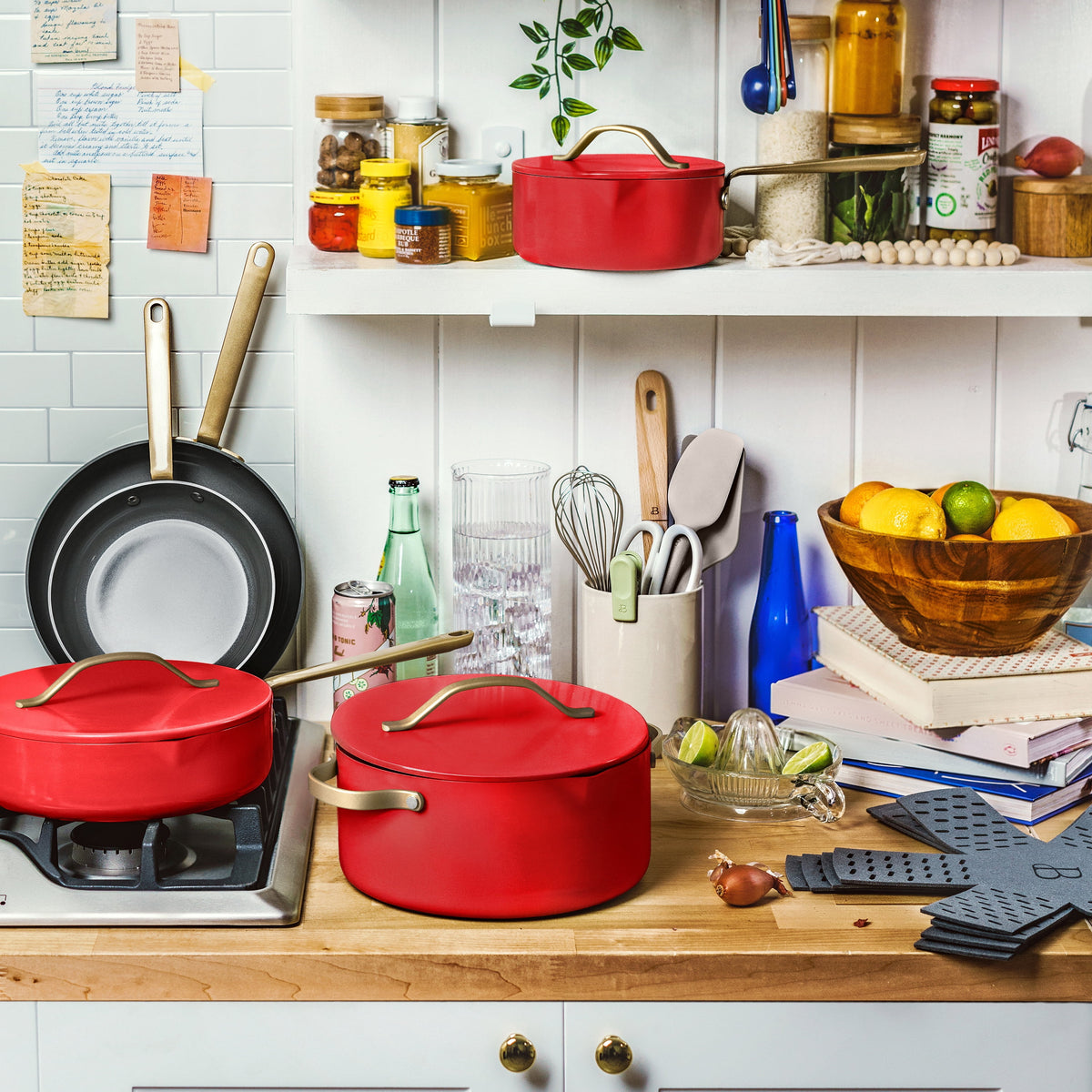 Beautiful 12-Piece Cookware Set, Pots and Pans with Strainer Lids and EverGood Ceramic Nonstick Coating, White Icing by Drew Barrymore