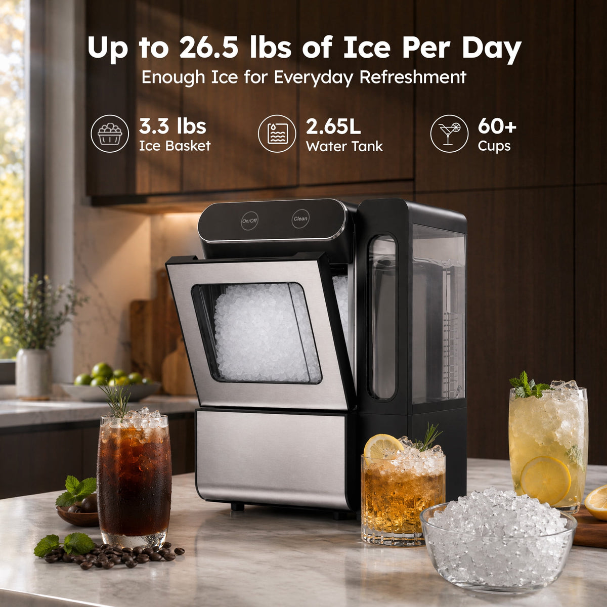 Simzlife Countertop Nugget Ice Maker, 26 Lbs/24H Chewable Sonic Ice, Self-Cleaning Ice Machine, 2.65L Water Tank
