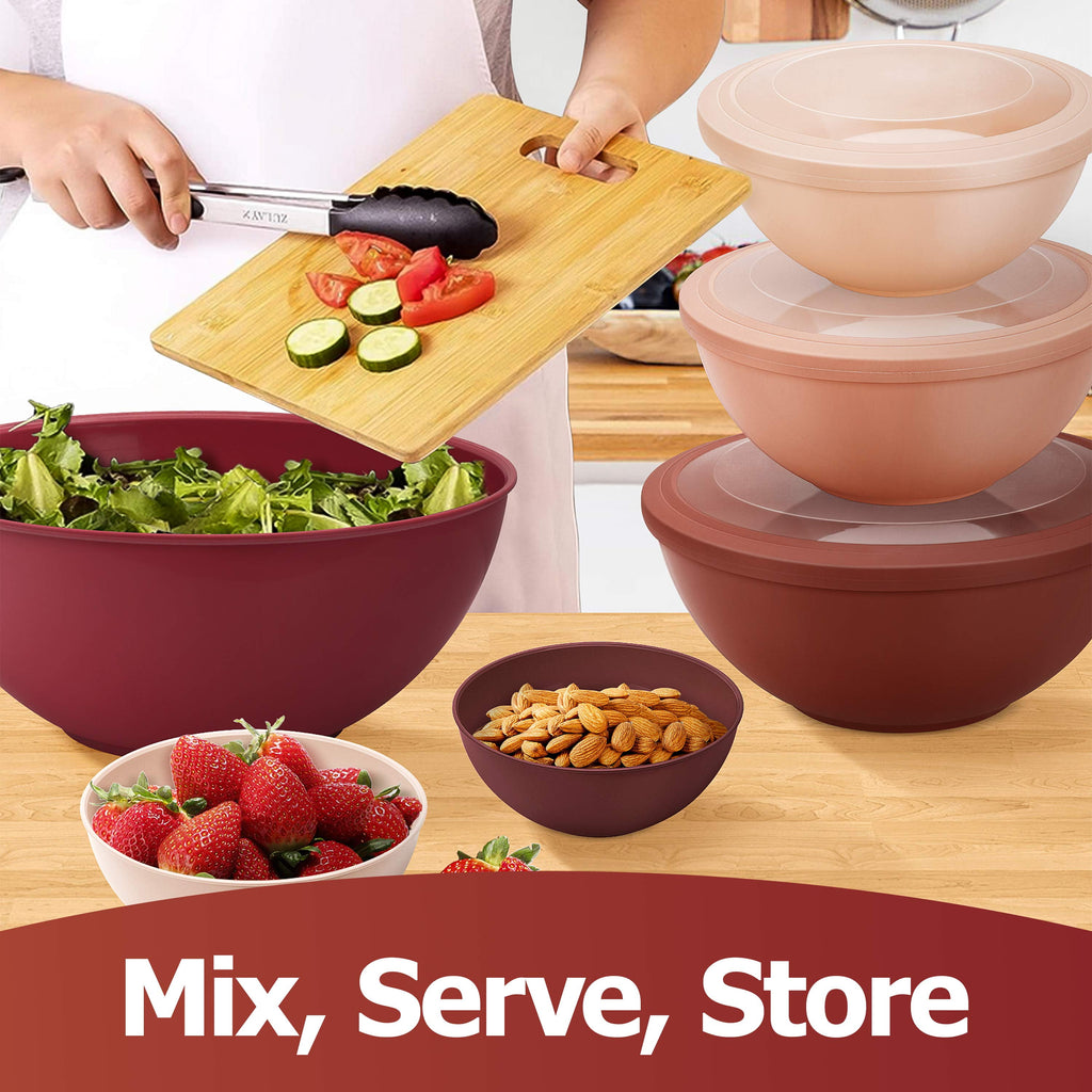 Vesteel 6Pcs Mixing Bowl Set with Lids, Plastic Nesting Bowls for Mixing, Storage, Kitchen Prepping, Serving Food, Microwave & Dishwasher Safe - Multi-color