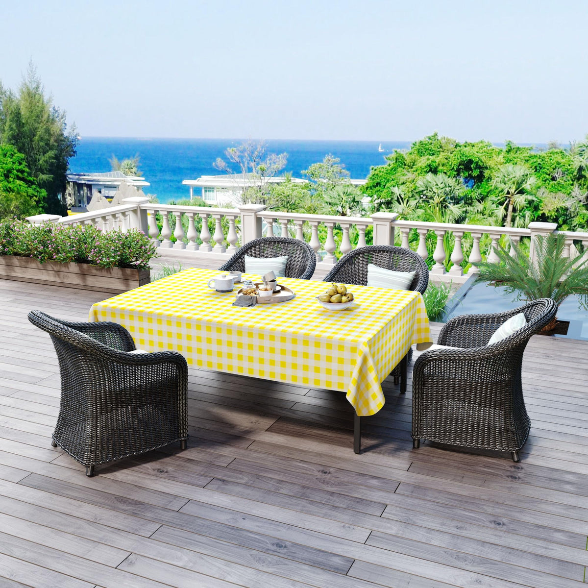 decorUhome Rectangle Tablecloth, Waterproof Vinyl Flannel Backed Table Cloth, Buffalo Wipeable Plastic Table Cover for Kitchen and Outdoor, Black and White, 60" x 84"