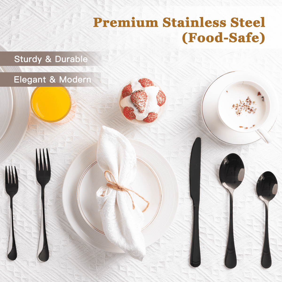 Astercook 25-Pieces Black Silverware Set with Steak Knives, Black Flatware Set for 4, Food-Grade Stainless Steel Tableware Cutlery Set, Eating Mirror Polished Utensil Set for Home Restaurant