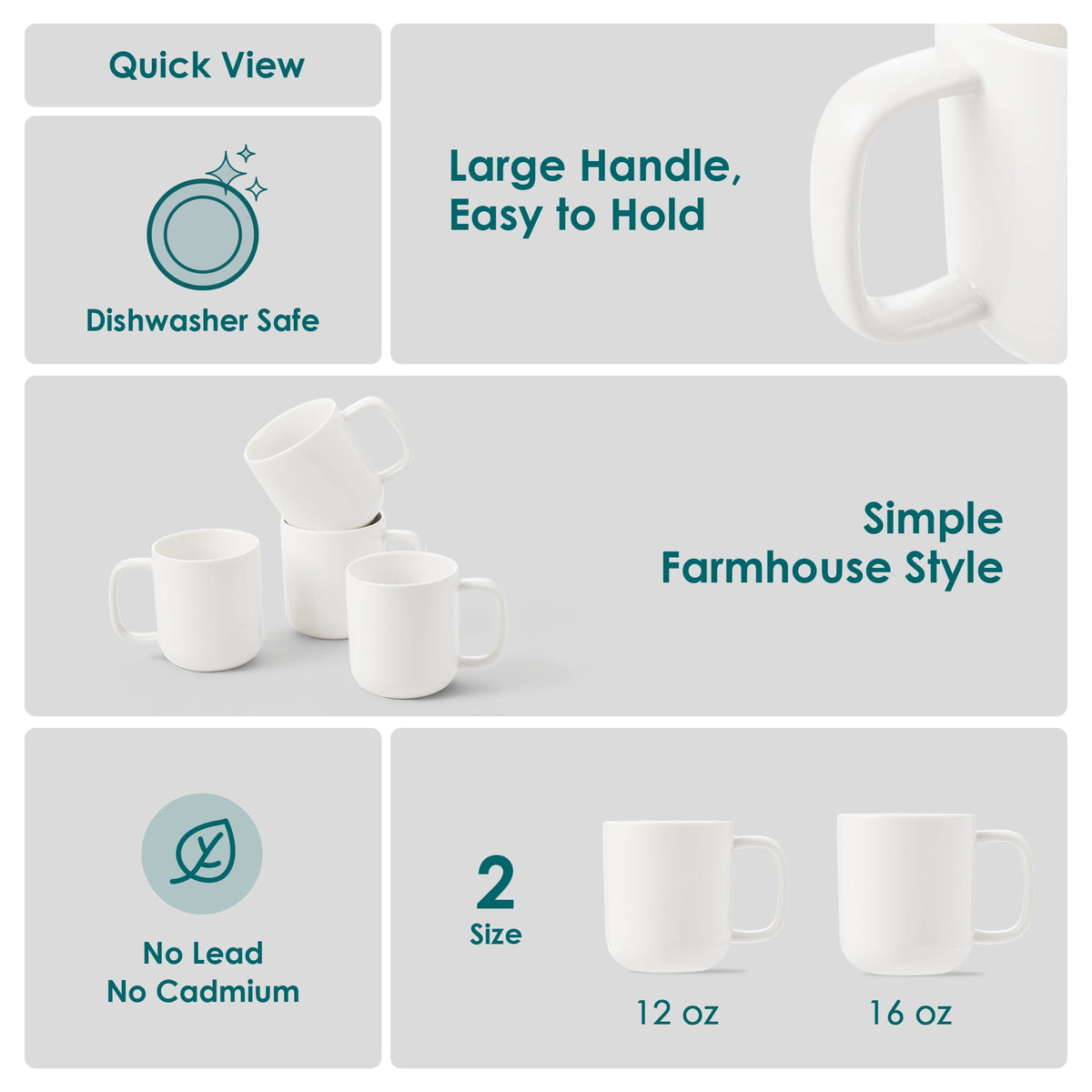 Malacasa Porcelain Coffee Mugs Set, 12 oz Coffee Cups Set of 4, Dishwasher & Microwave Safe, White