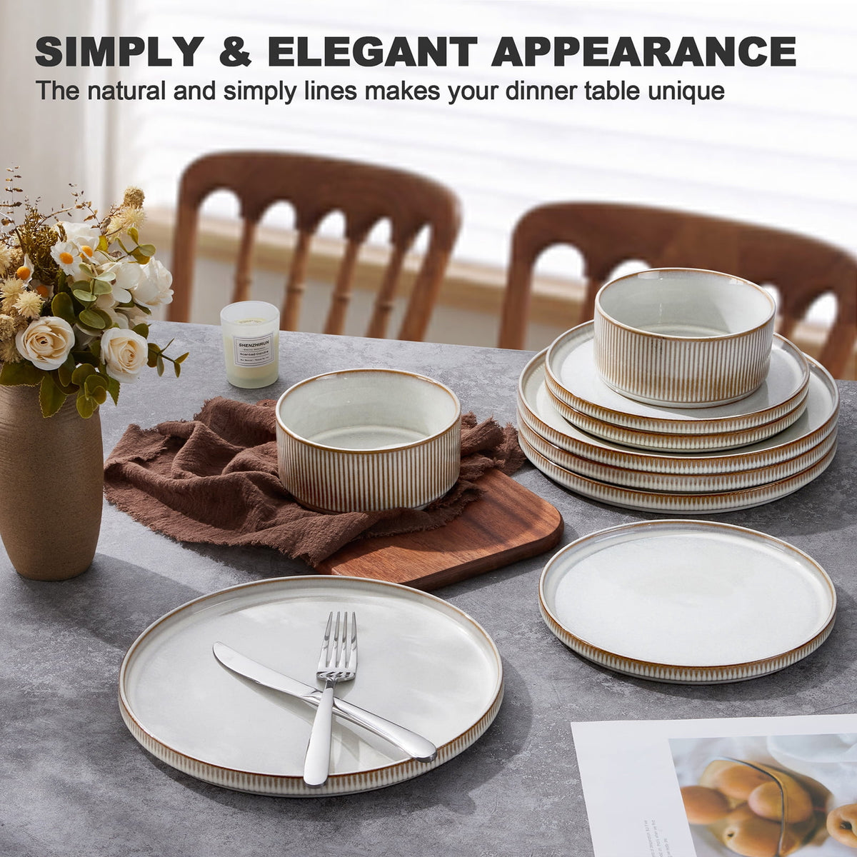 Vesteel 12 Pieces Dinnerware Set for 4, Premium Stoneware Ribbed Dishes, Chip & Scratch Resistant Plates and Bowls Set for Home Restaurant, Microwave and Dishwasher Safe - Speckled White