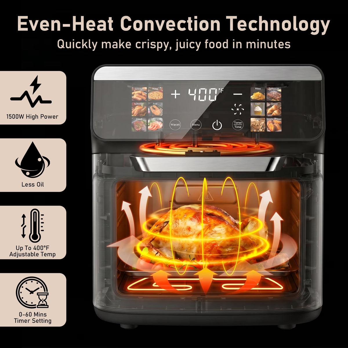 Smart Air Fryer Toaster Oven, 12 One-Touch Preset Functions, Smart Cooking Program, Viewing Window, Interior Light, Two Baking Pan Additions, Adjustable Time & Temperature, Oil-Free Family Cooker,