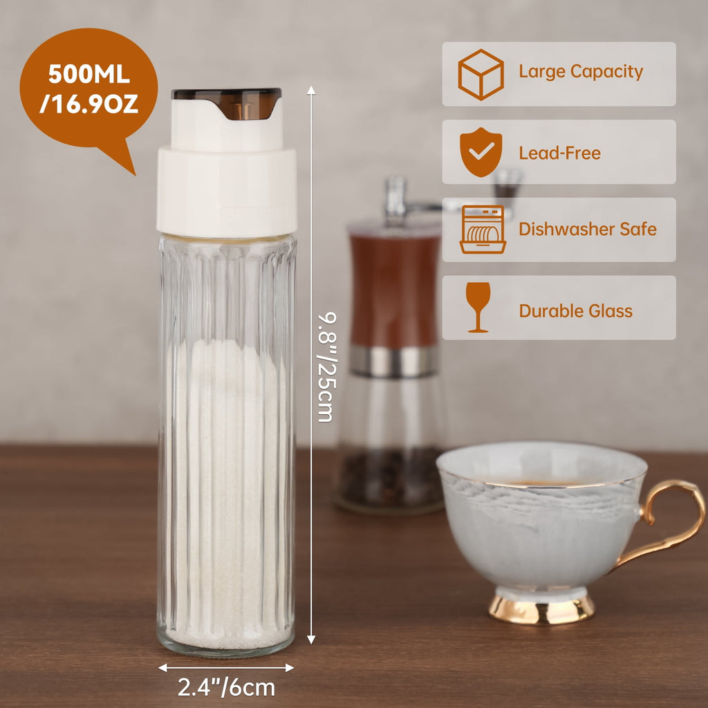 NiHome 16.9oz Sugar Dispenser with Automatic Pouring Switch for Home, Kitchen, Coffee Station, Large Capacity Glass Jar for Sugar, Coffee Creamer, Salt, Food-Grade Glass with Anti-Slip Ribbed Design