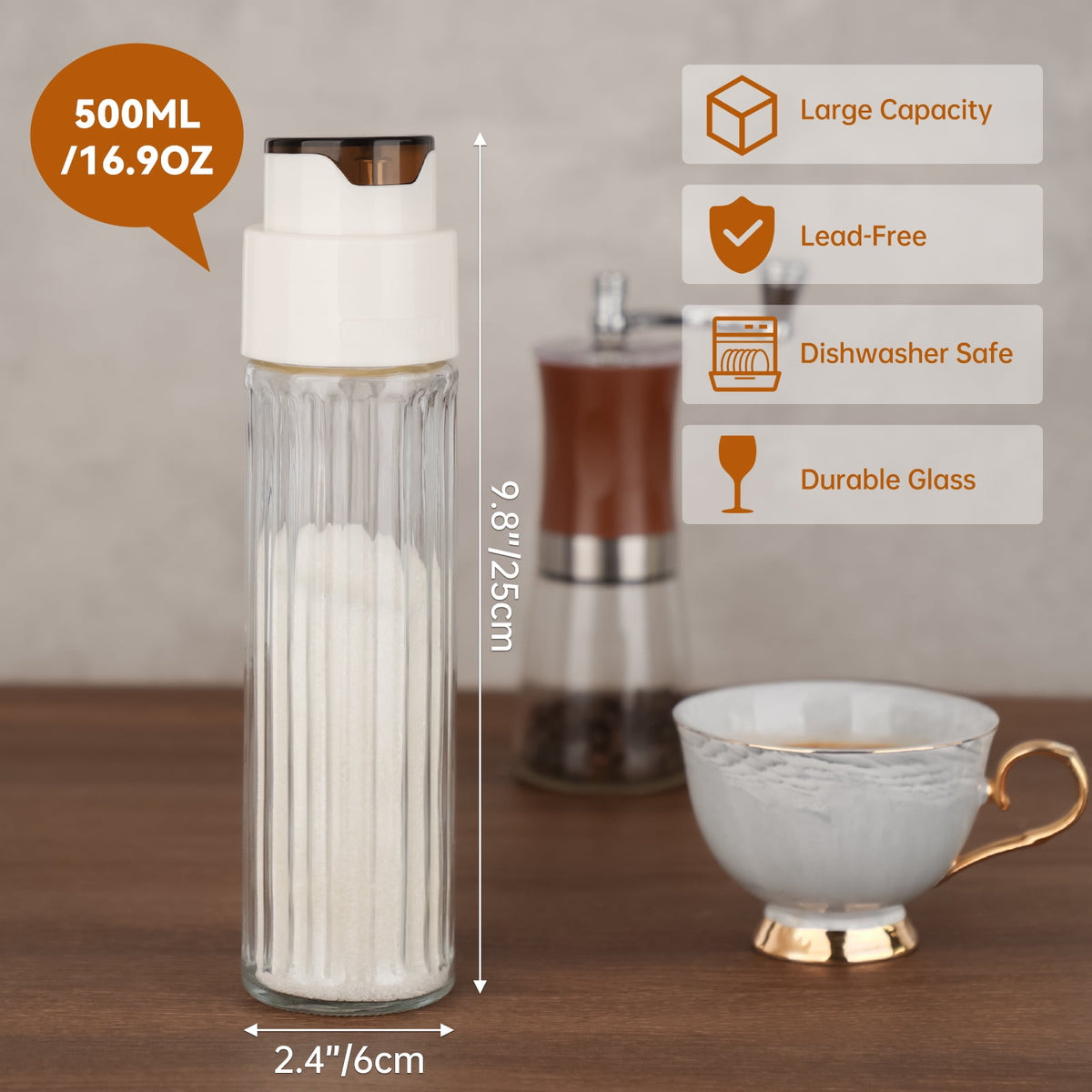 NiHome 16.9oz Sugar Dispenser with Automatic Pouring Switch for Home, Kitchen, Coffee Station, Large Capacity Glass Jar for Sugar, Coffee Creamer, Salt, Food-Grade Glass with Anti-Slip Ribbed Design