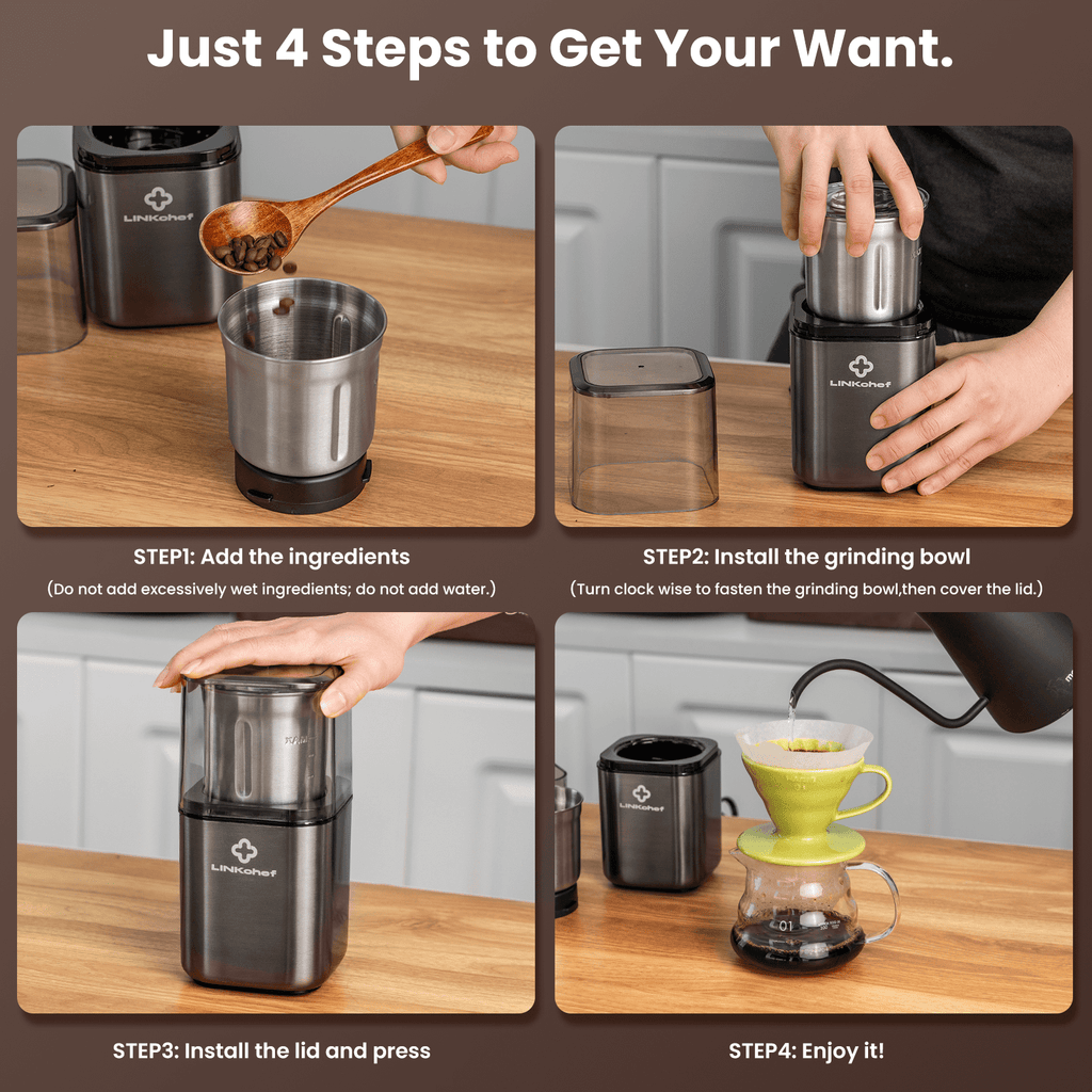 LINKChef Coffee Grinder, Coffee Bean Grinder, Spice Grinder with Stainless Steel Four Blades Perfect for Coffee Beans, Spice, Tea (Black)
