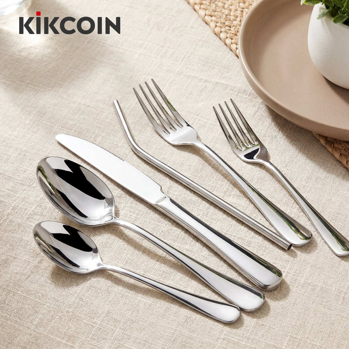 Kikcoin Silverware Set for 8, 49 Pcs Stainless Steel Flatware Set, Mirror Polished Tableware Cutlery for Home, Restaurant, Dishwasher Safe