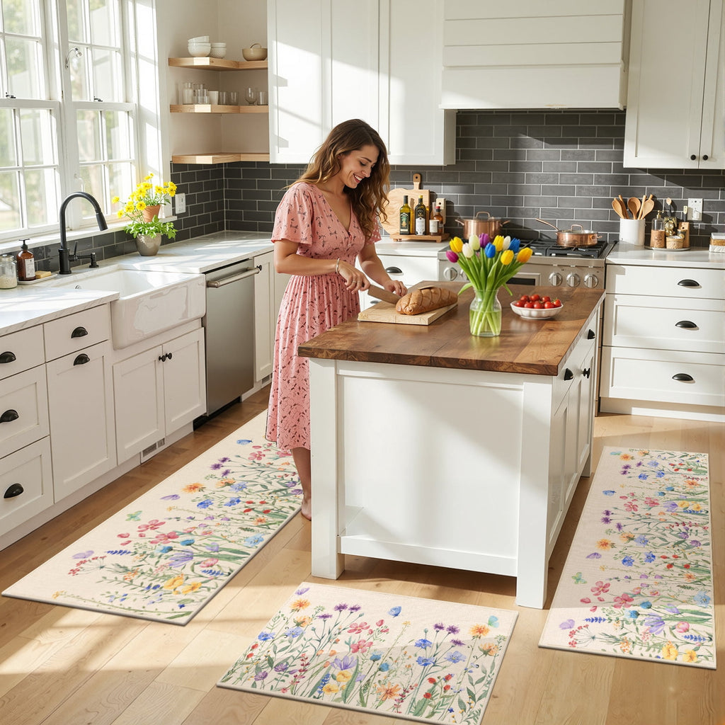 Findosom Floral Non-Slip Kitchen Rugs Set of 3,Washable Kitchen Mat Farmhouse Kitchen Floor Mats Runner for Home Sink Entrance Laundry Hallway,20"x32"+20"x47"+20"x59" Beige