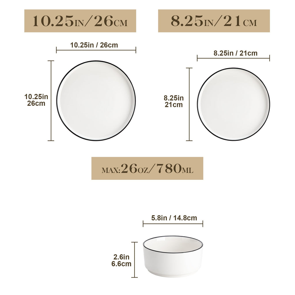 Vancasso 12 Pcs Dinnerware Sets, Plates and Bowls Set for 4, Ceramic Dinner Set, Scratch Resistant, White