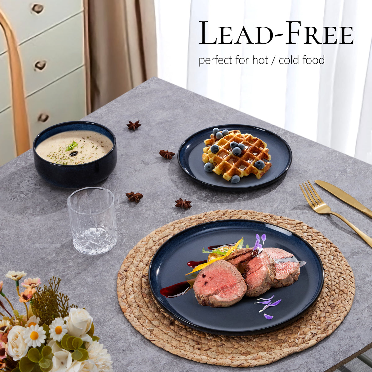 Vesteel Dinnerware Sets for 4, 12-Piece Stoneware Dish and Bowls Set, Handmade Reactive Glaze Coupe Plates Set for Family, Chip & Scratch Resistant - Matte Black