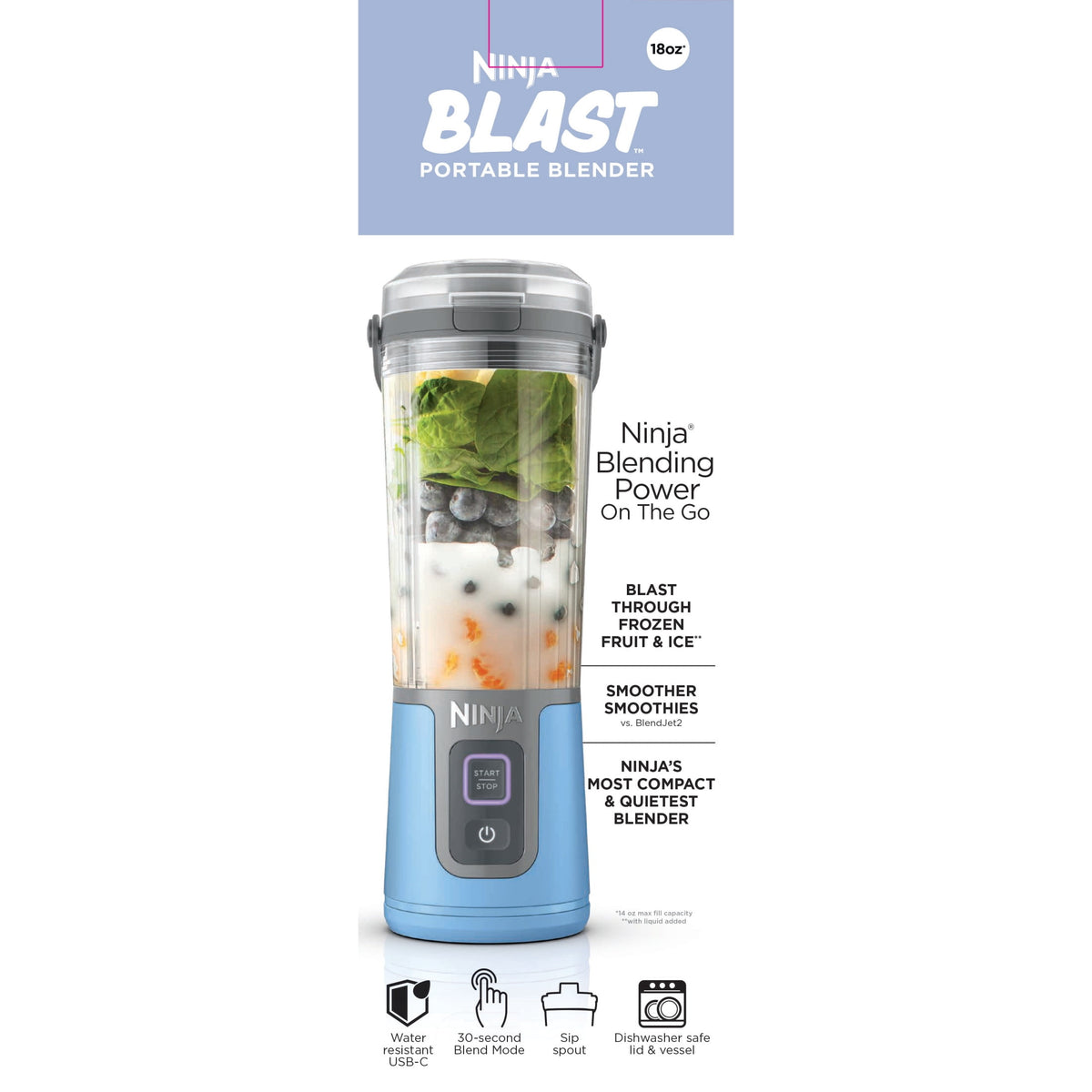 Ninja Blast Portable Personal 18 Oz Blender w/ Leak Proof Lid & Easy Sip Spout, Rechargeable Base, BC150PK Pink