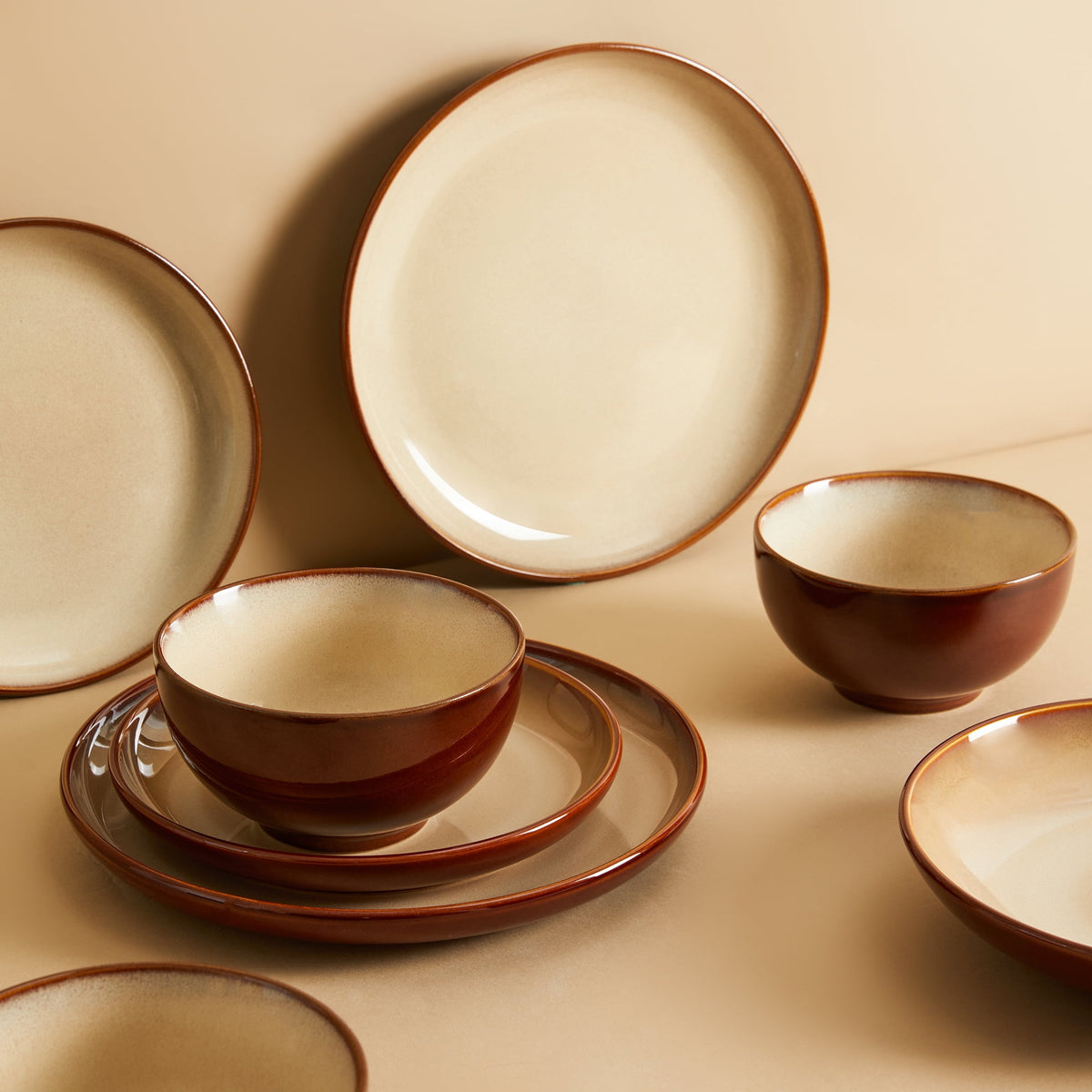 Pokini 12-Piece Stoneware Dinnerware Sets, Plates and Bowls Dish Sets for 4, Brown Green