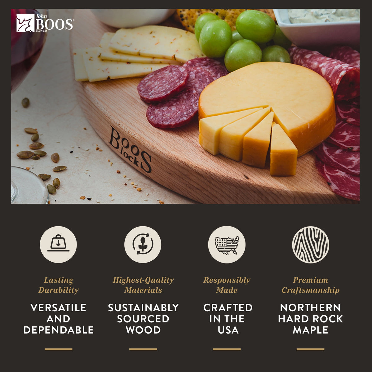 John Boos R-Board Reversible Wood Cutting Board, Cherry, 18 in x 18 in x 1 1/2 in