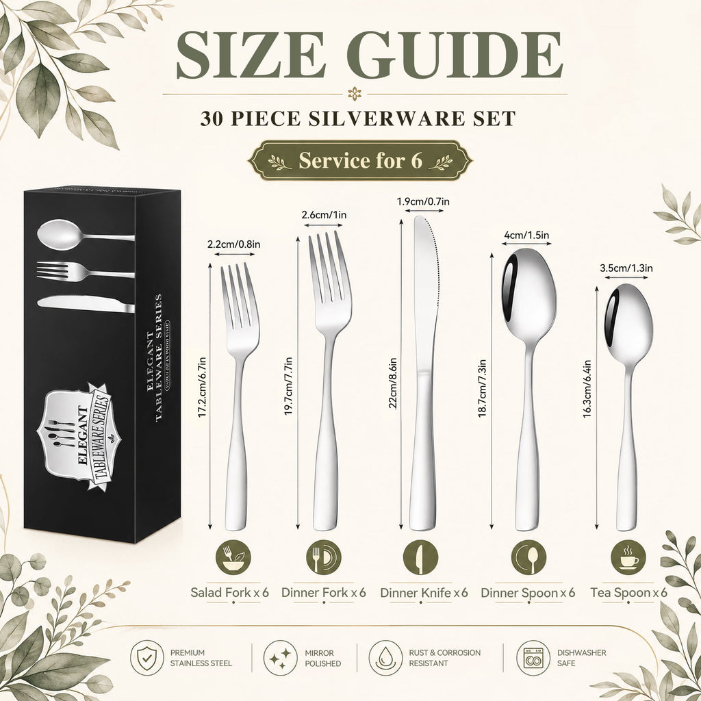TINANA Silverware Sets, 30 PCS Flatware Set for 6, Premium Stainless Steel Cutlery Utensil Set Mirror Polished Forks and Spoons, Dishwasher Safe
