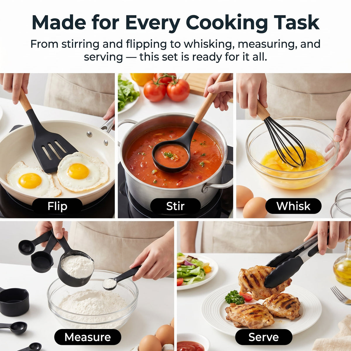 NULAS Kitchen Utensils Set, 37 pcs Non-Stick Silicone Cooking Kitchen Utensils Spatula Set with Holder,446℉ Heat Resistant,Wood Handle Kitchen Gadgets,Black
