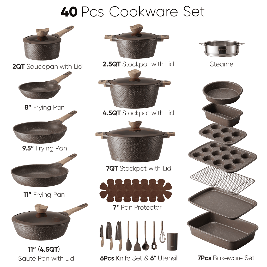 Carote 18-Piece Nonstick Pots and Pans, Granite Cookware Set with Kitchen Utensils, Brown