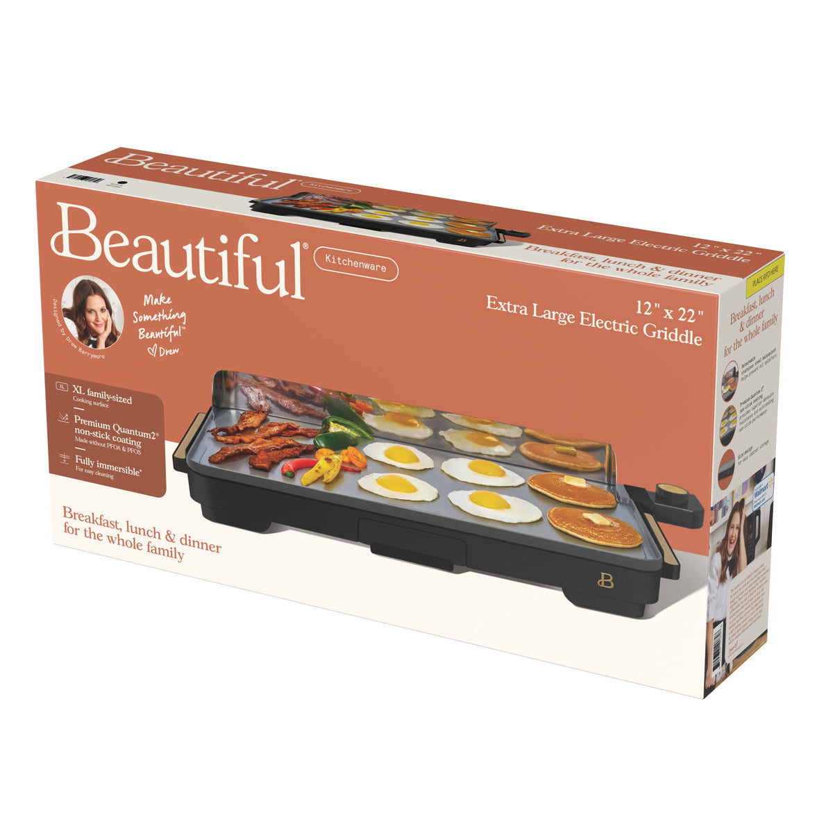 Beautiful XL Electric Griddle 12" x 22" with EverGood Ceramic Nonstick Coating, Thyme Green by Drew Barrymore