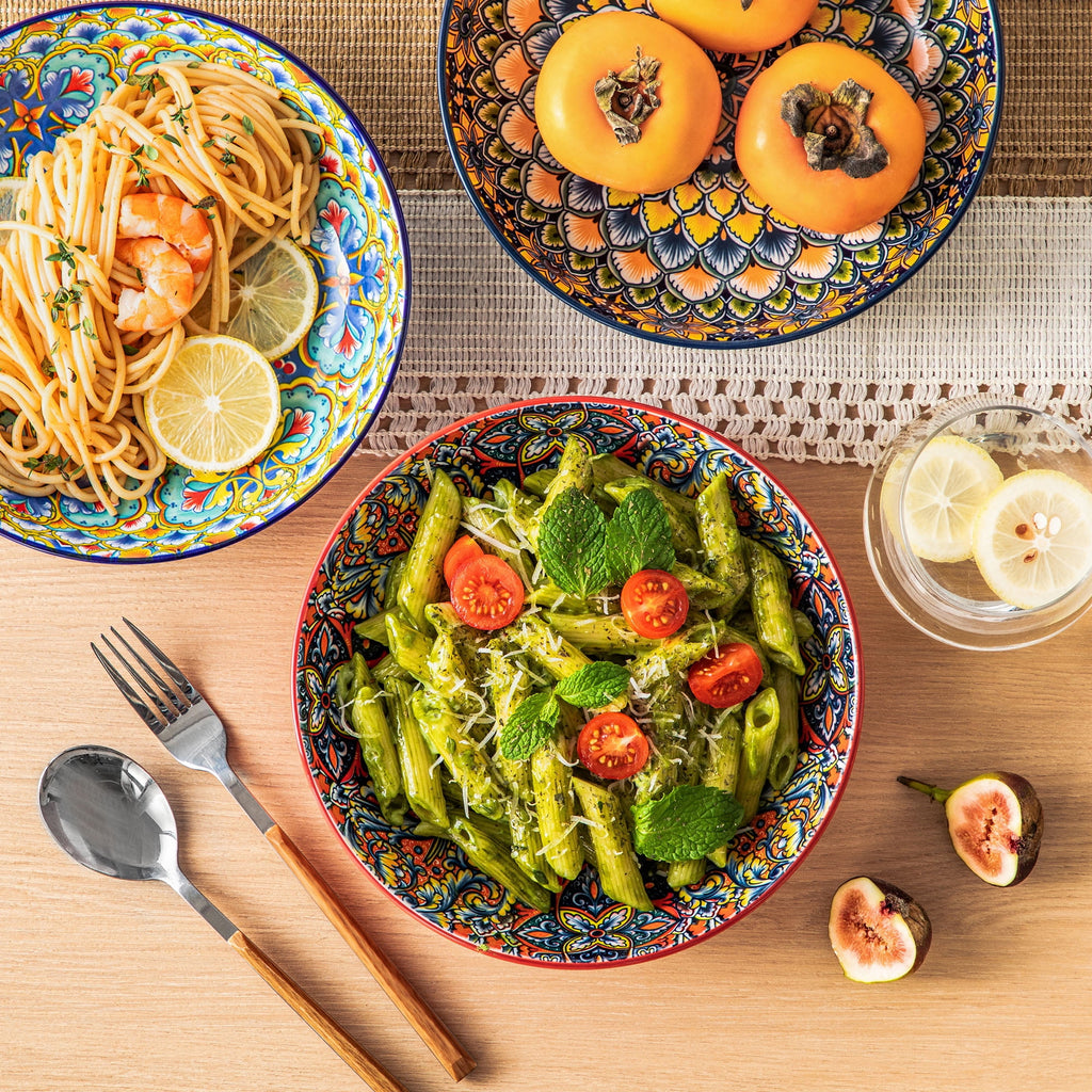 Vancasso Pasta Bowls, Ceramic 32 oz Dinner Bowls Set of 6, Bohemian Salad Bowls, Large Serving Bowls for Soup and Cereal, Microwave and Dishwasher Safe, Series LUMI