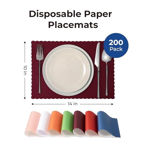 Fit Meal Prep Paper Placemats Disposable 200 Pack – 14"x10" White Paper Placemats Scalloped Edge Place Mats for Kids Restaurants Weddings Birthday Party Supplies