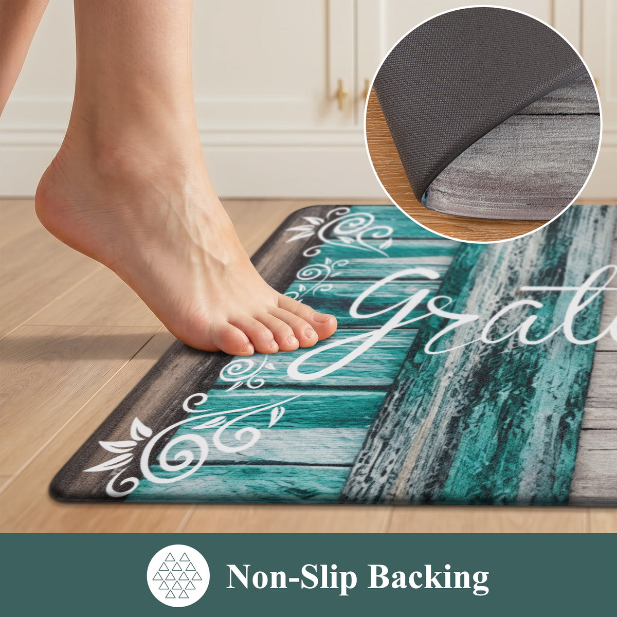 MeyJey Farmhouse Kitchen Rug Set of 2, Non-Slip Anti-Fatigue Waterproof Cushioned Mat for Kitchen, Dining & Laundry Room, 18"x30"+18"x48" Teal/Brown