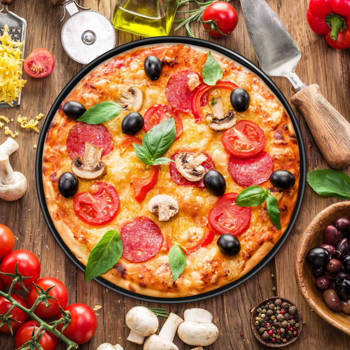 VeSteel Stainless Steel 12 inch Pizza Pan Set of 2, Metal Baking Tray Platter for Oven