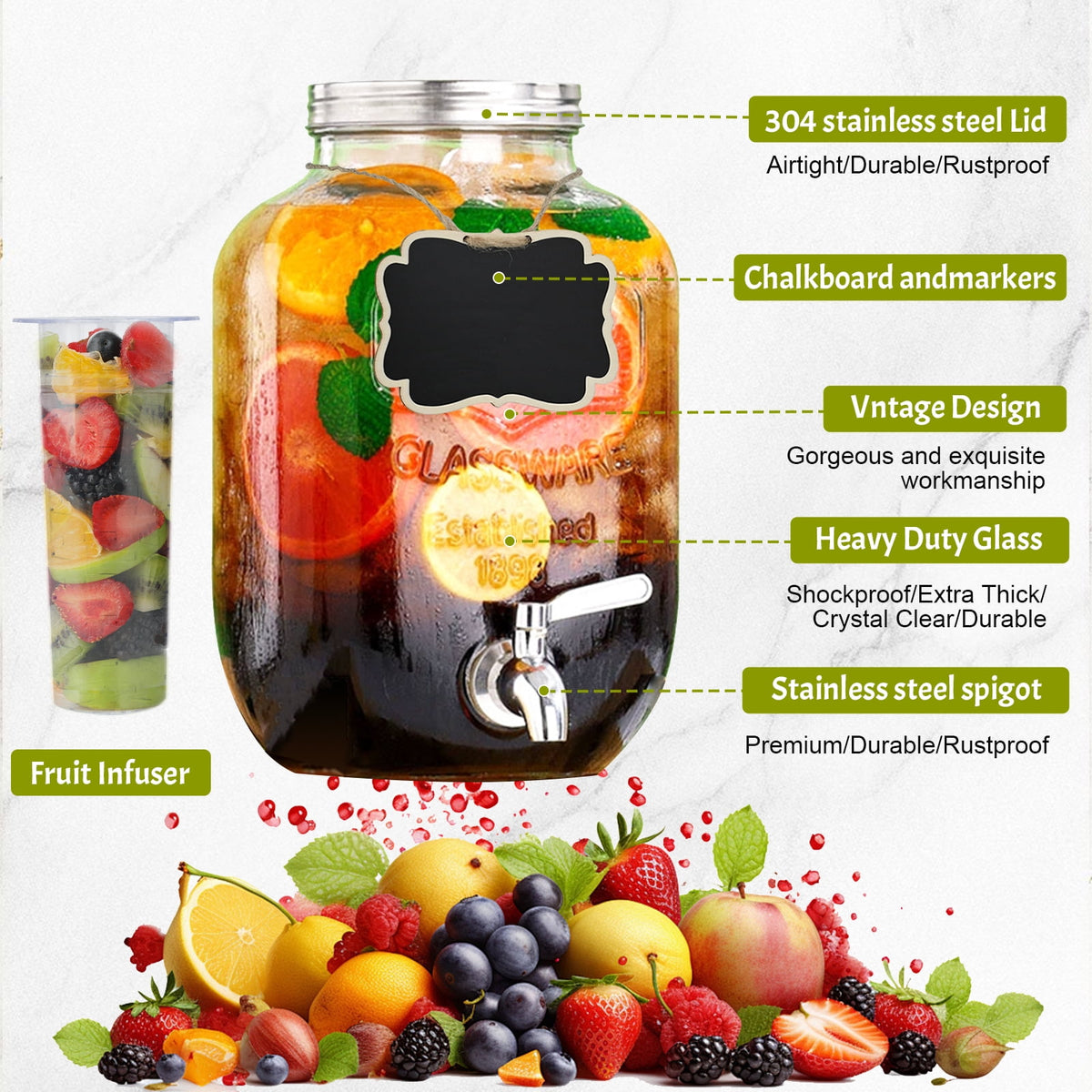 Soulgenix 2 Gallon Glass Drink Dispenser Set, Drink Dispensers for Parties Beverage Dispenser with Stand and Stainless Steel Spigot for Juice, Fruit Tea and Lemonade