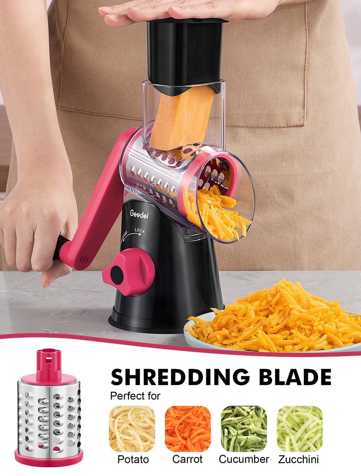 Geedel Rotary Cheese Grater, Kitchen Grater with Strong Suction Base, Dishwasher Safe, Easy to Clean Grater for Cheese,Vegetable, Nuts (3 Blades)