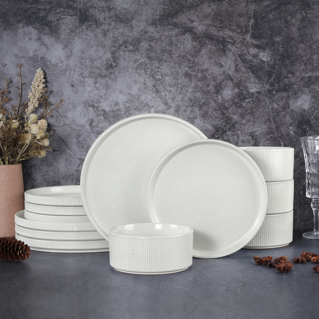 Vesteel 12 Pieces Dinnerware Set for 4, Premium Stoneware Ribbed Dishes, Chip & Scratch Resistant Plates and Bowls Set for Home Restaurant, Microwave and Dishwasher Safe - Speckled White