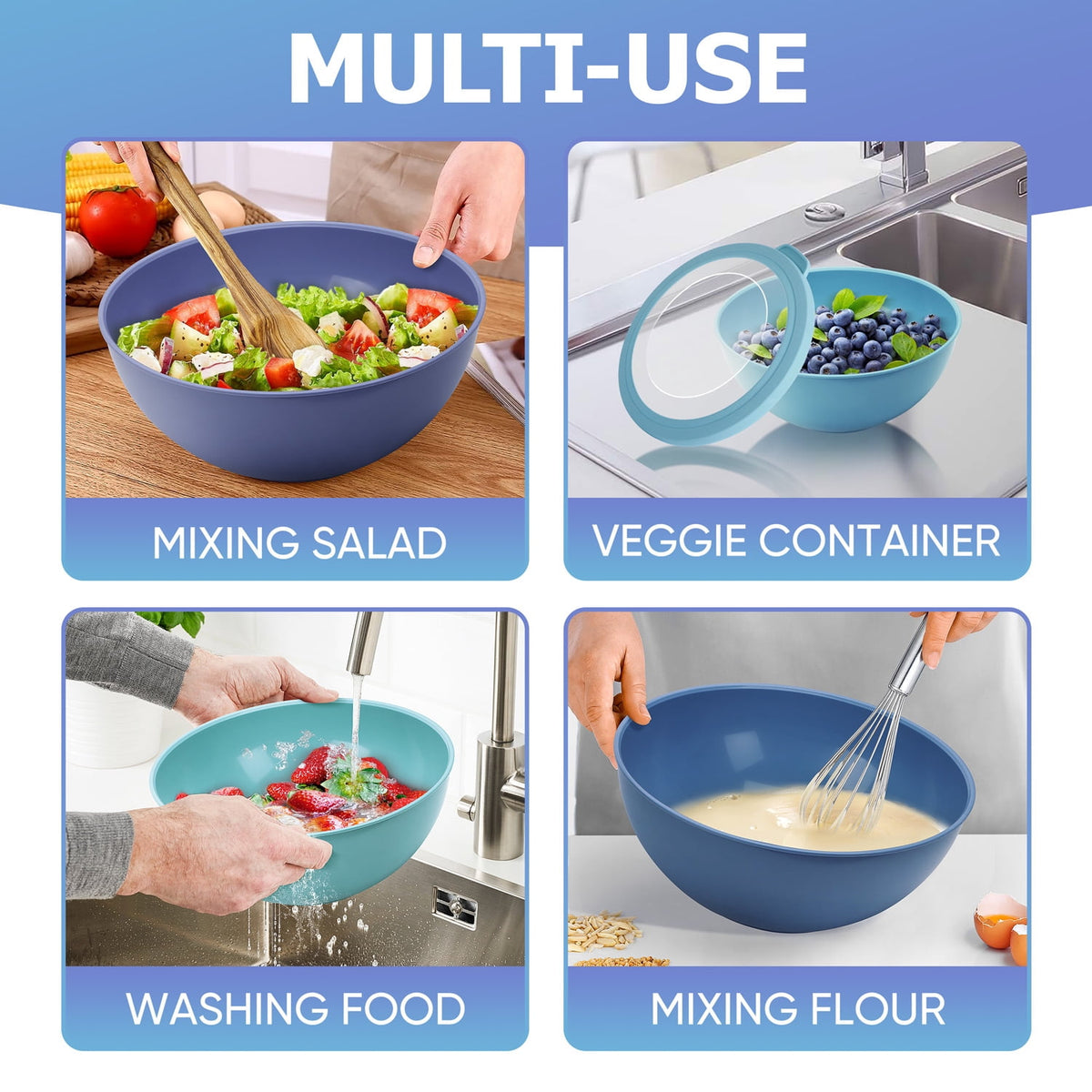 Vesteel 6Pcs Mixing Bowl Set with Lids, Plastic Nesting Bowls for Mixing, Storage, Kitchen Prepping, Serving Food, Microwave & Dishwasher Safe - Multi-color