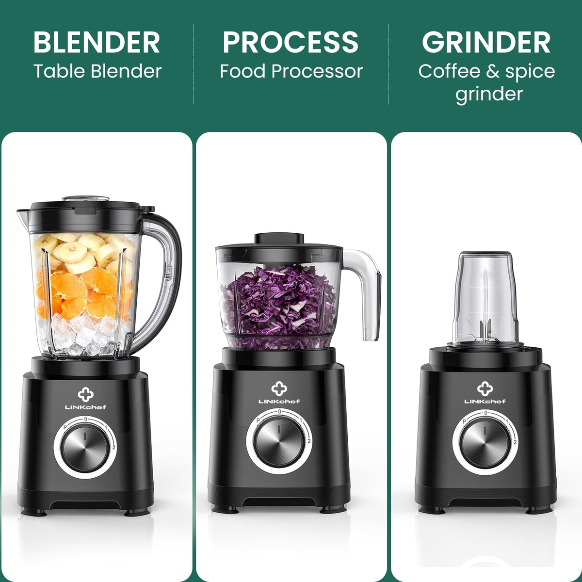 LINKChef Smoothie Blender 57oz Food Processor Combo with Powerful Chopper Grinder