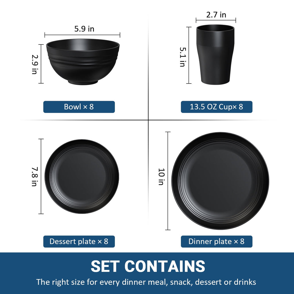 TINANA Wheat Straw Dinnerware Sets, Service for 8, 32 PCS Unbreakable Dinnerware,Microwave Dishwasher Safe - Black