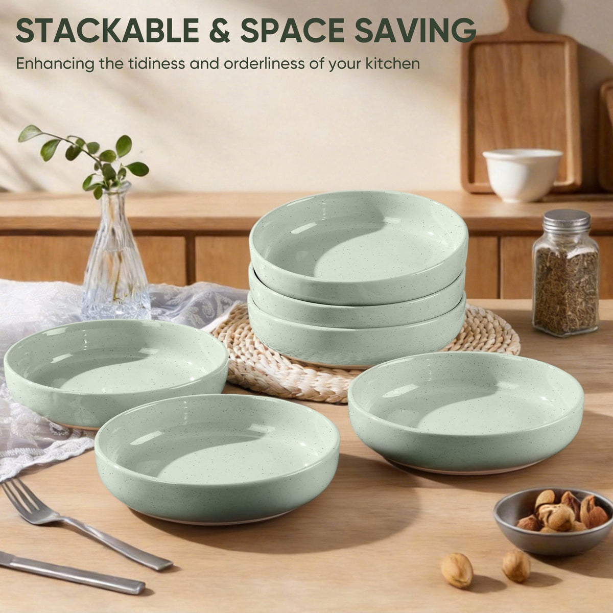 Vesteel Pasta Bowls Set of 6, 32oz Large Salad Bowl for Home Kitchen, Ceramic Serving Plates for Soup, Cereal, Fruits, Microwave & Dishwasher Safe, Speckled White