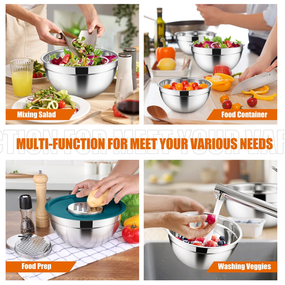 Mixing Bowls with Lids Set of 5, Vesteel Stainless Steel Mixing Bowls Metal Nesting Salad Bowls, Size 4.5, 3, 1.5, 1, 0.7 QT Great for Cooking, Baking, Serving - Multi-Color