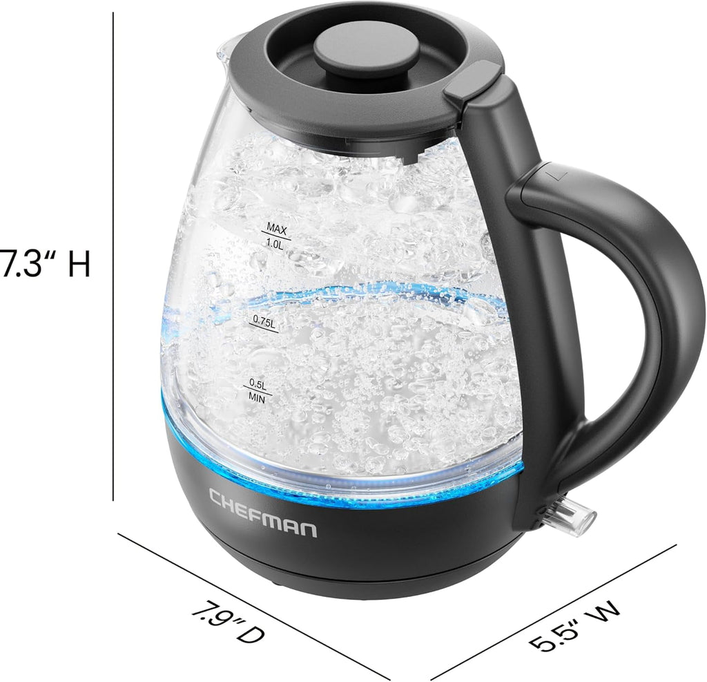 Chefman 1L Electric Glass Kettle w/ LED Indicator Light, Automatic Shutoff - Black