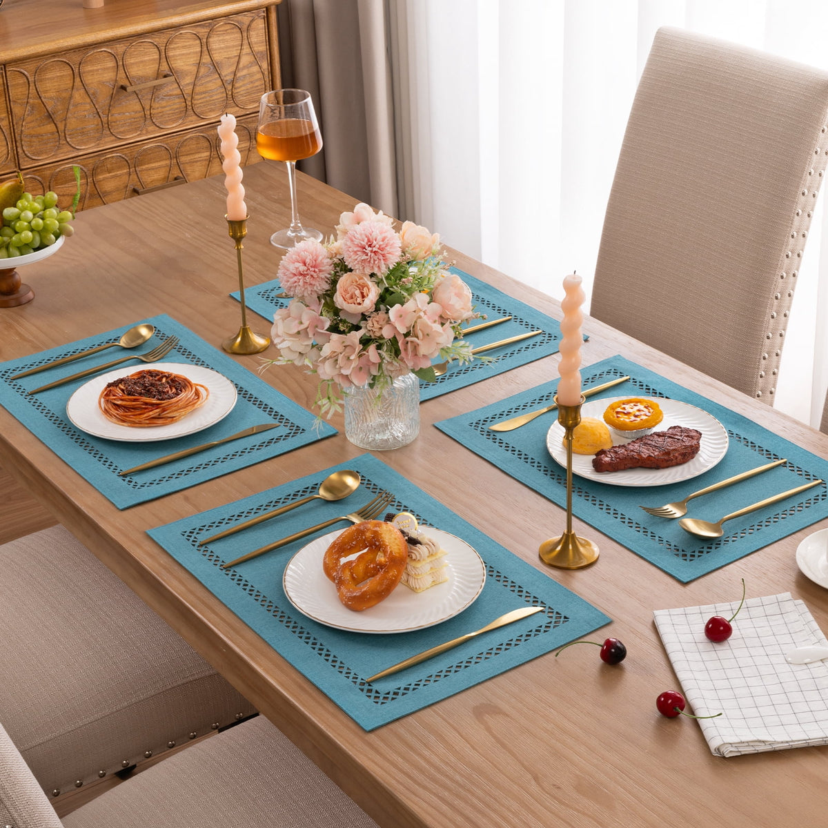 Placemats Set of 4, Yamaziot Double Layer Cloth Fabric Heat Resistant Place Mat, Washable Reversible Rectangle Dining Table Mats, Hollow Khaki, 12"x18"
