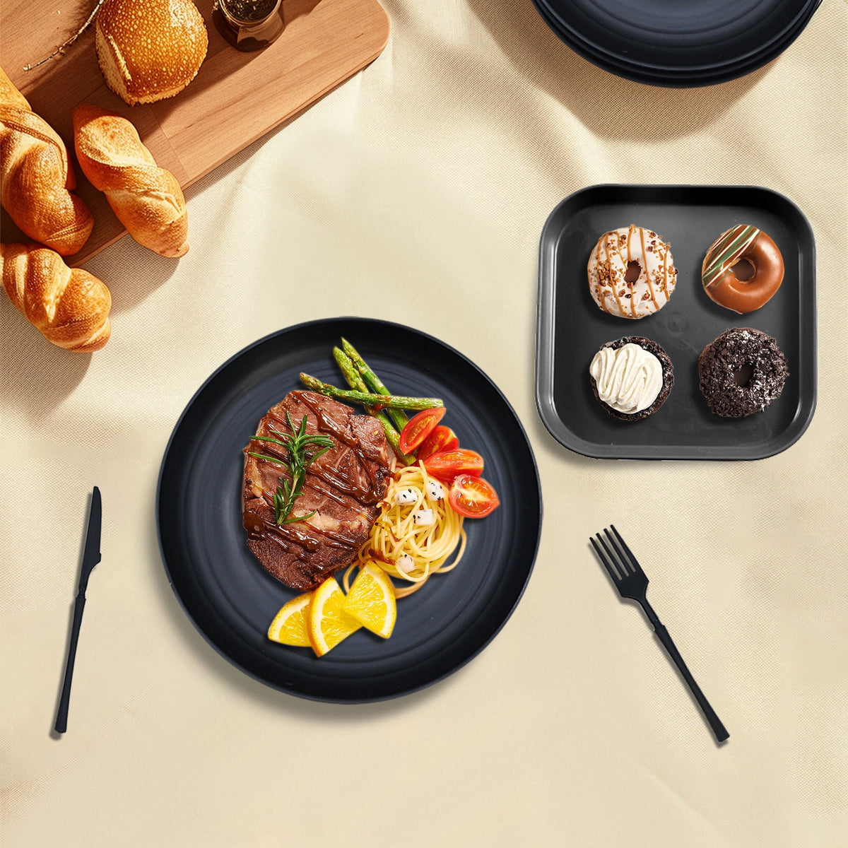 Soulgenix Wheat Straw Dinnerware Set, 48 Piece Plastic Plates and Bowls Sets for Microwave & Dishwasher Safe, Unbreakable Reusable Dish Set for Home, Dorm, Picnic, Black