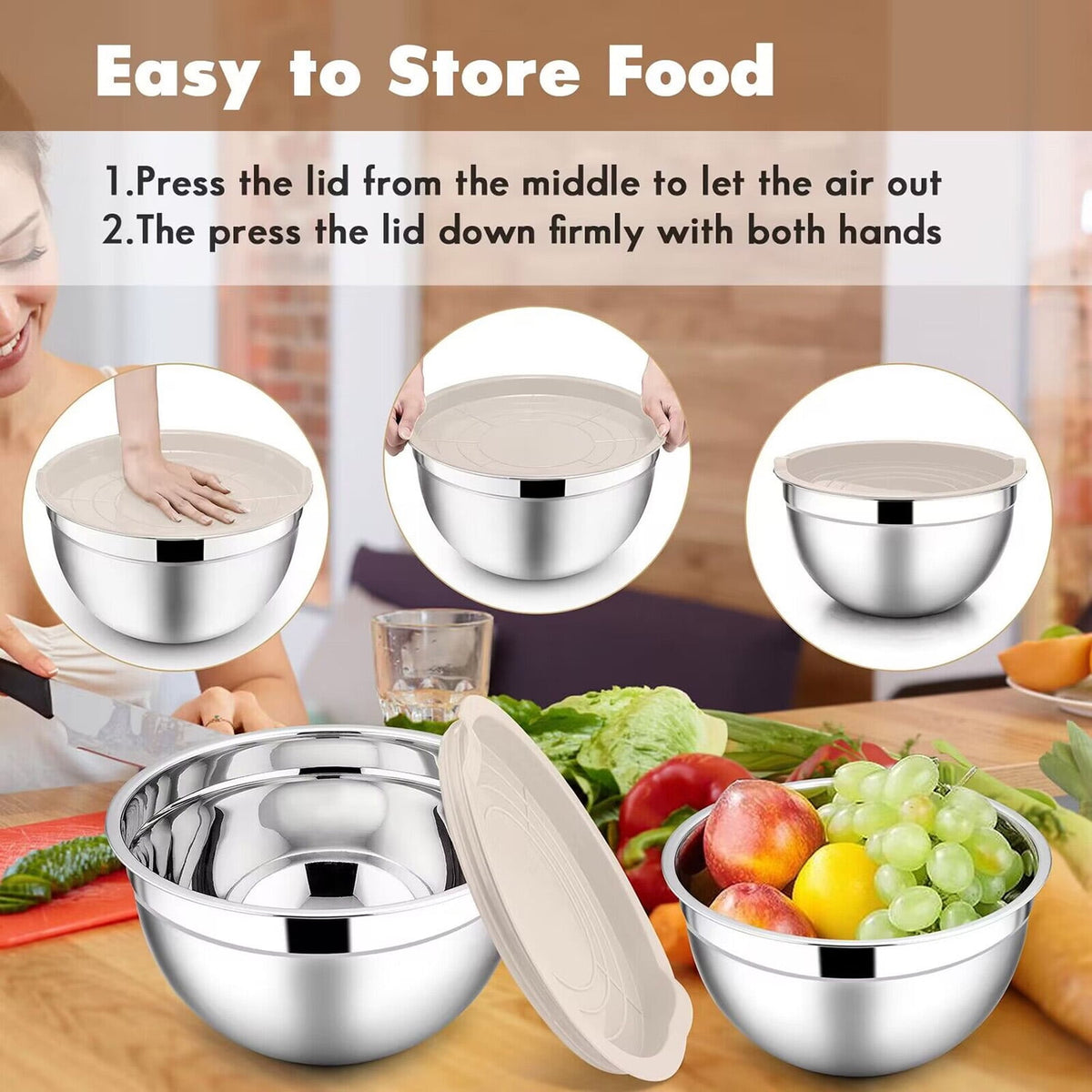 Mixing Bowls with Lids Set of 5, Vesteel Stainless Steel Mixing Bowls Metal Nesting Salad Bowls, Size 4.5, 3, 1.5, 1, 0.7 QT Great for Cooking, Baking, Serving - Multi-Color