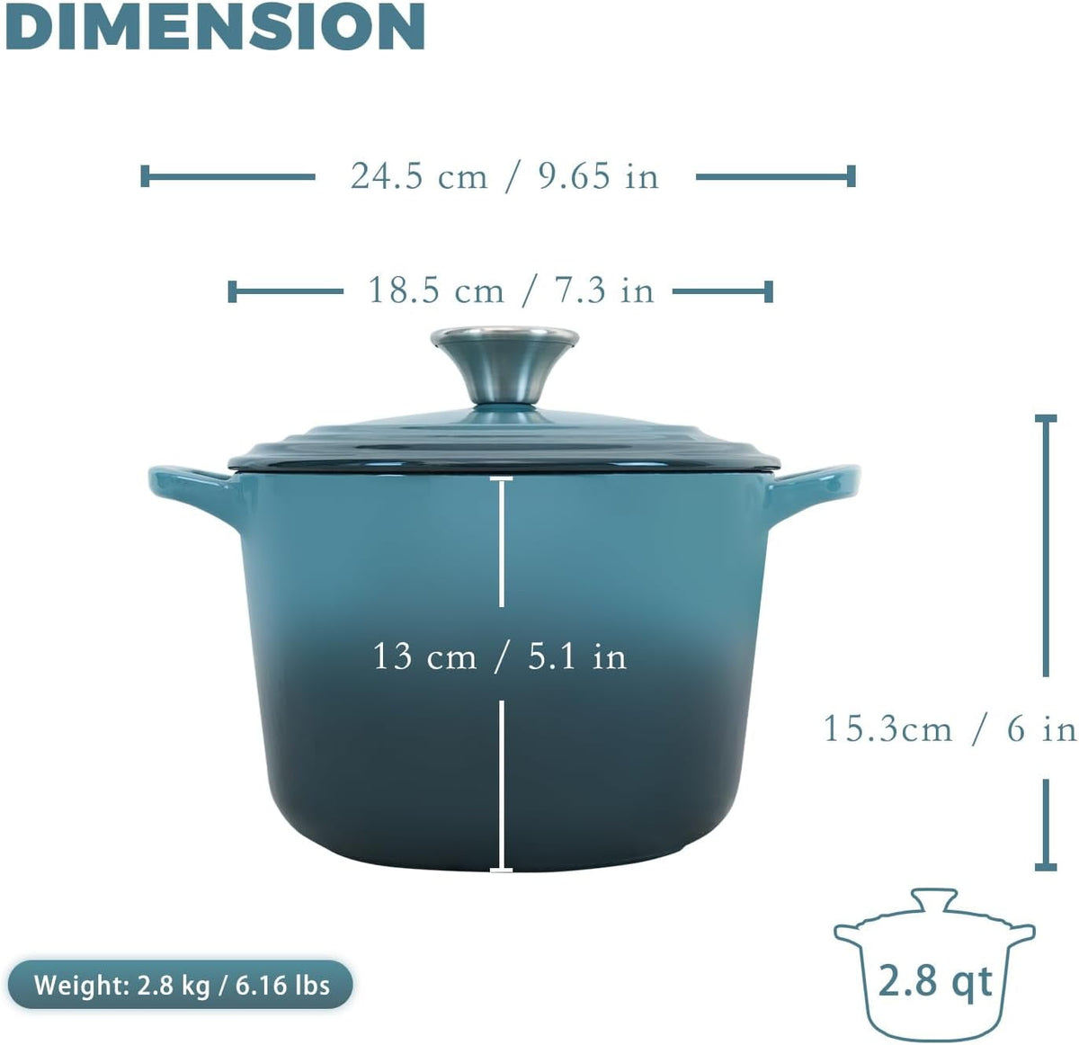Flavehc Dutch Oven Pot with Lid 2.8 qt Cast Iron Dutch Oven for Bread Baking Slateblue Enameled Cast Iron Rice Pot with Handels